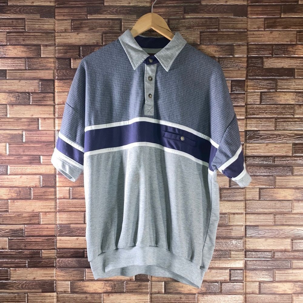 Mens Vtg Woodland Trail Retro Striped Waistline Ribbing Polo shirt Large